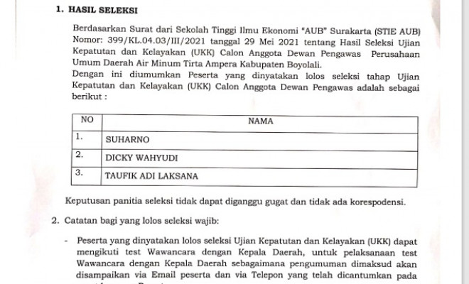 HASIL SELEKSI UJIAN KEPATUTAN DAN KELAYAKAN CALON ANGGOTA DEWAN PENGAWAS PERUSAHAAN UMUM DAERAH AI...